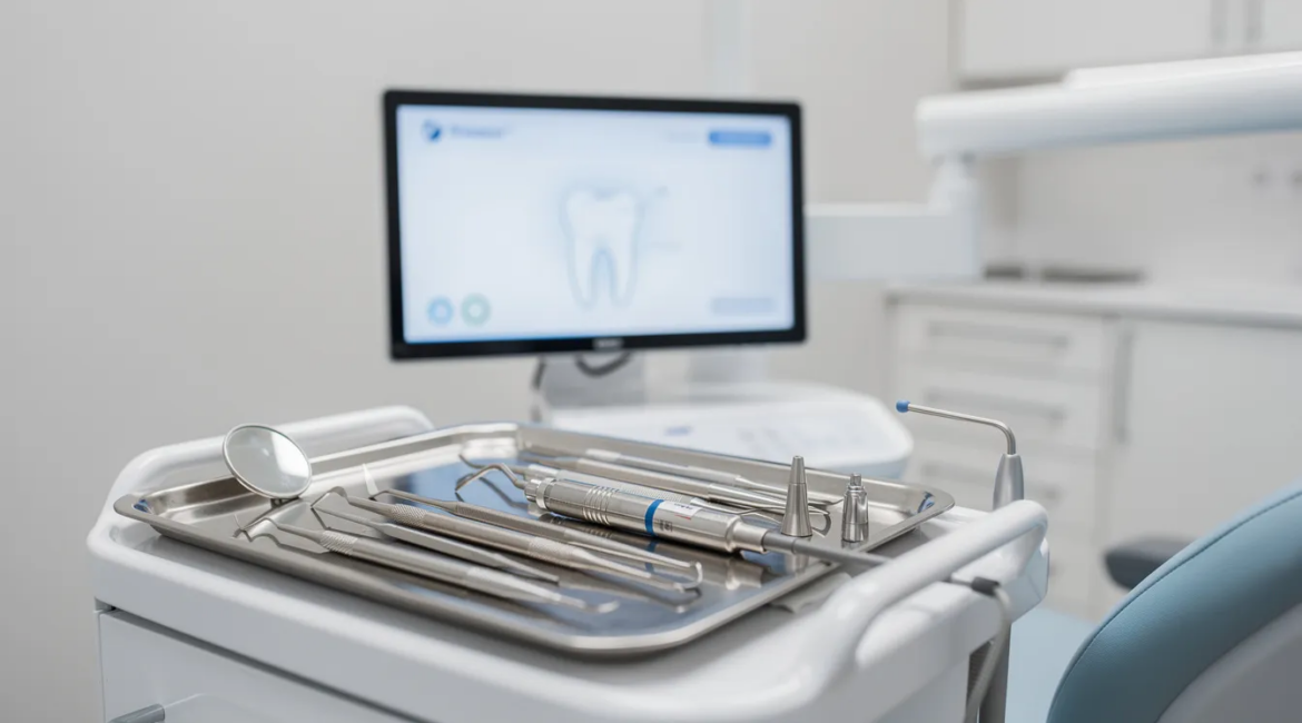 Computer with image of crown on dental chair