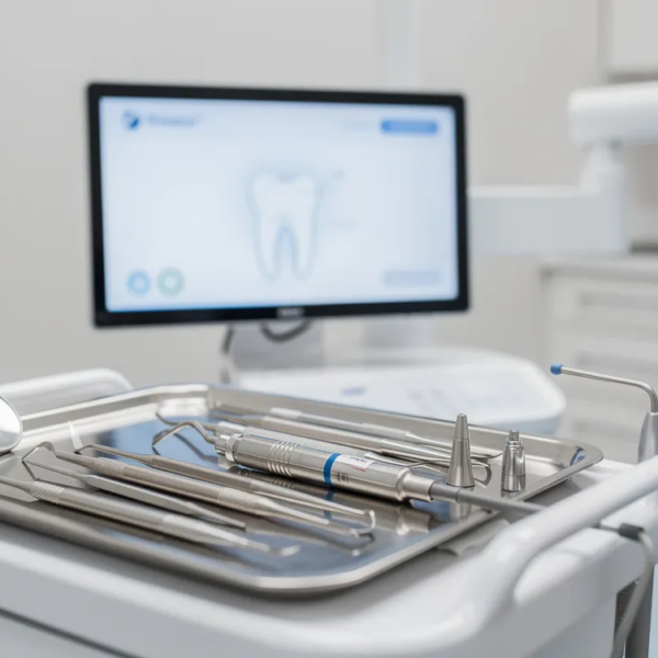 Computer with image of crown on dental chair