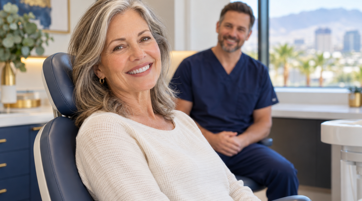 Older adult smiling in a modern dental office with a dentist in the background.