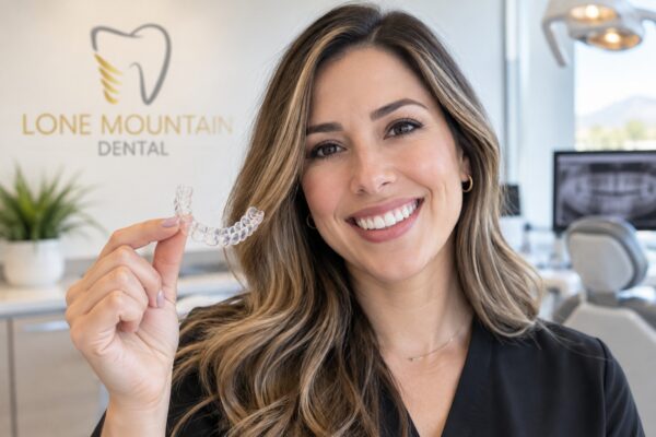A person holding a clear aligner tray and smiling in a Las Vegas dental office
