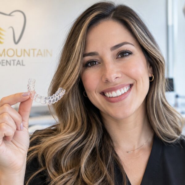 A person holding a clear aligner tray and smiling in a Las Vegas dental office