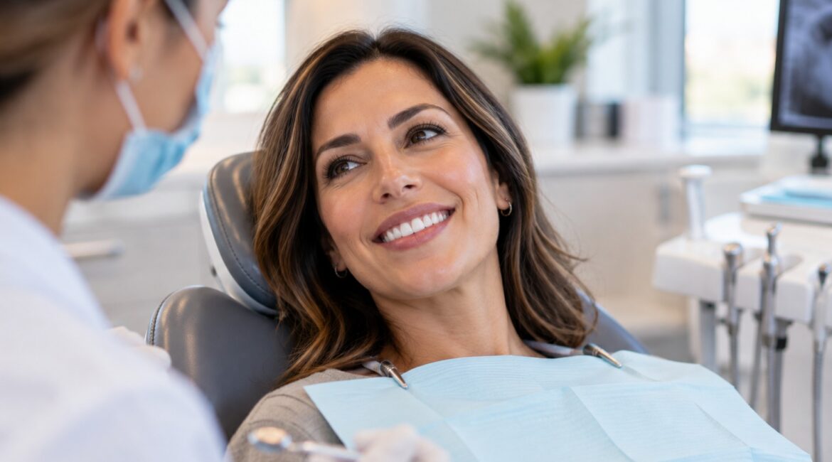 A relaxed patient smiling in a dental chair after comfortable root canal treatment in Las Vegas