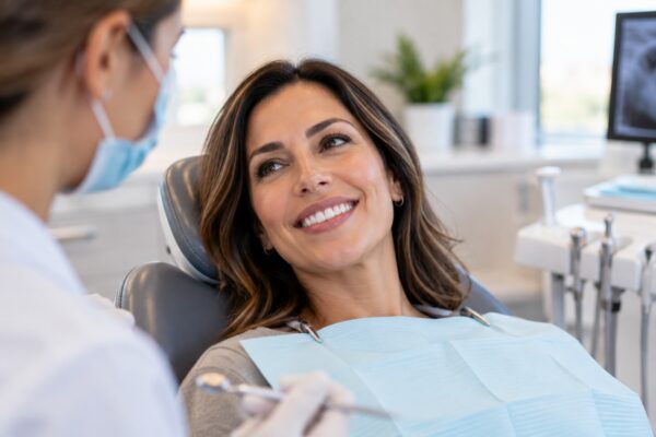A relaxed patient smiling in a dental chair after comfortable root canal treatment in Las Vegas