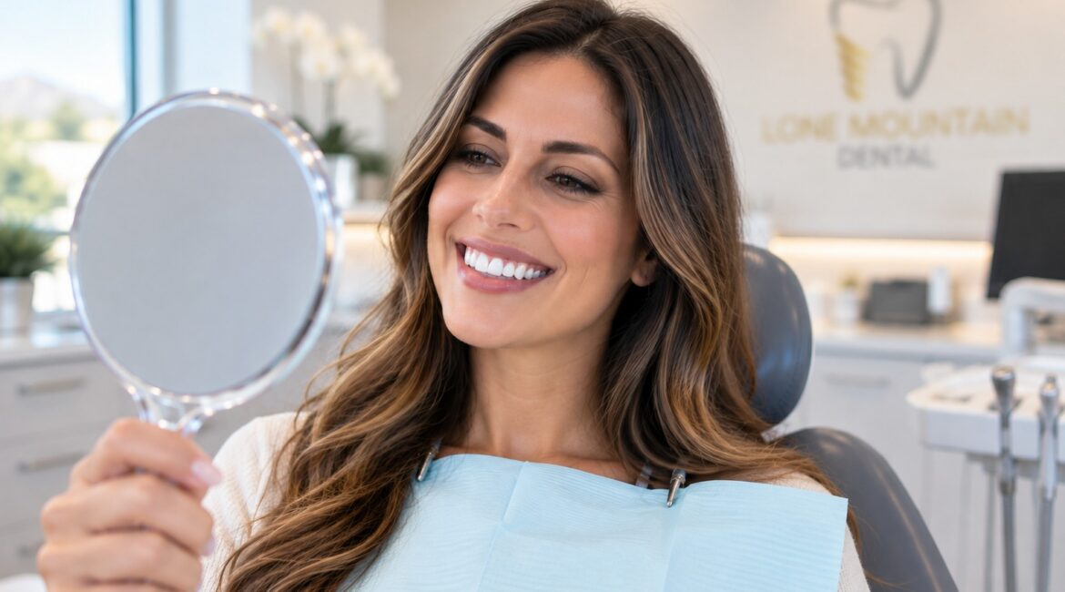 A person admiring their brighter smile in a mirror at a Las Vegas dental office