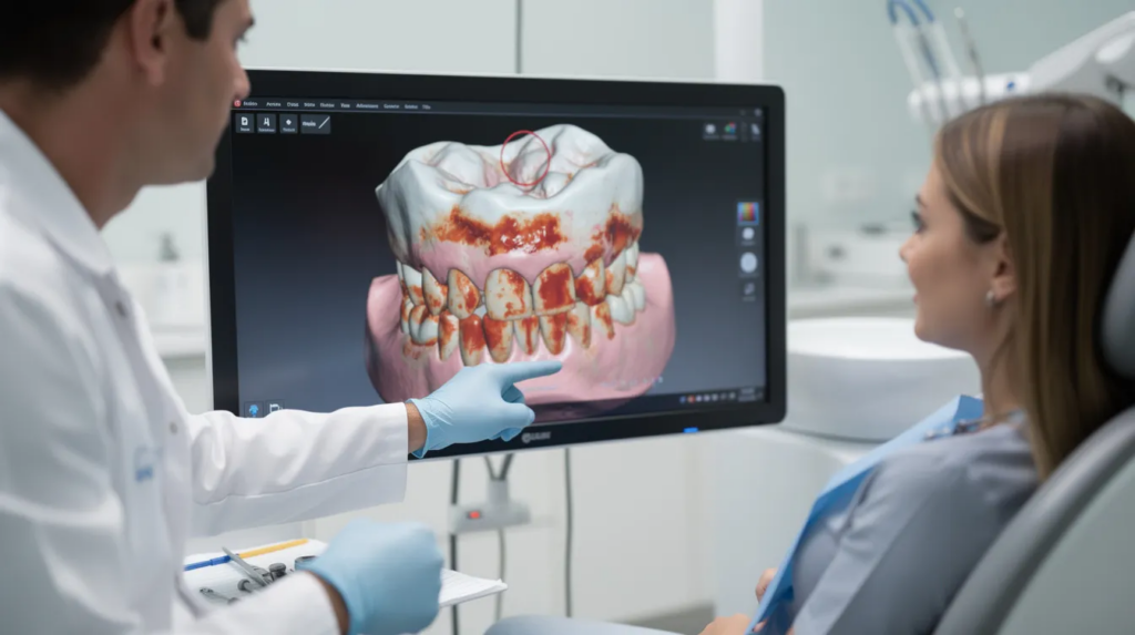 A dentist is closely examining a digital tooth scan on a tablet while discussing the results with a patient in a dental office. This interaction highlights the use of CEREC technology for same day crowns, emphasizing efficient dental health solutions for damaged or decayed teeth.