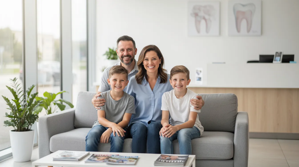 A family is smiling together in a bright and modern dental office waiting room, showcasing a welcoming atmosphere for dental care. This image reflects the importance of maintaining oral health and the comfort of seeking emergency dental care in a friendly environment.