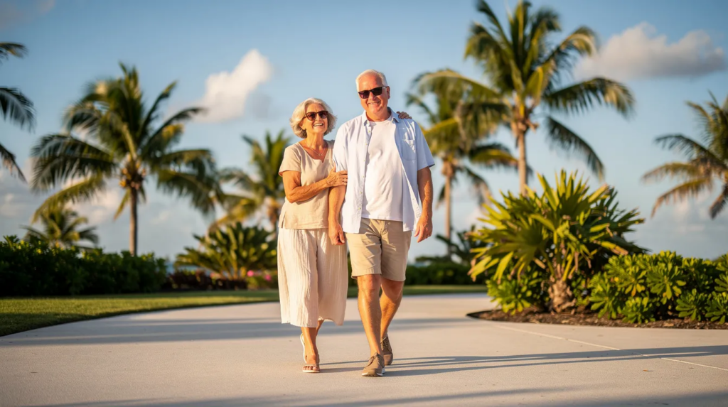 An older couple is happily smiling and walking hand in hand outdoors on a sunny day, with lush palm trees swaying gently in the background. Their joyful expressions highlight the importance of good oral health, which can be supported by dental implants for those with missing teeth, ensuring a confident smile throughout life.