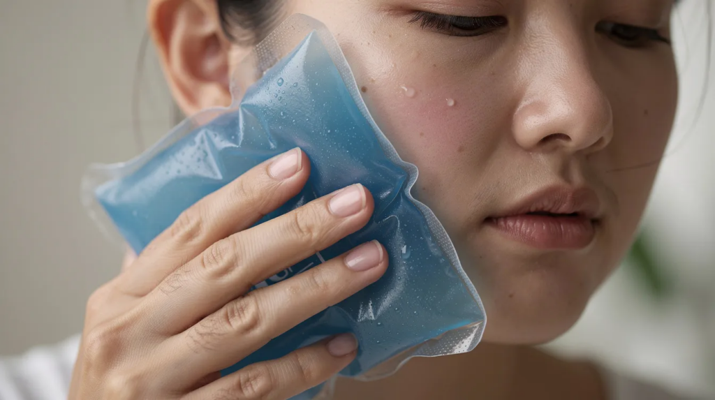 A close-up image shows a person gently pressing a cold pack against the outside of their cheek, likely seeking temporary relief from severe tooth pain or a dental emergency. This gesture indicates the need for urgent dental care, especially if experiencing swelling or discomfort.