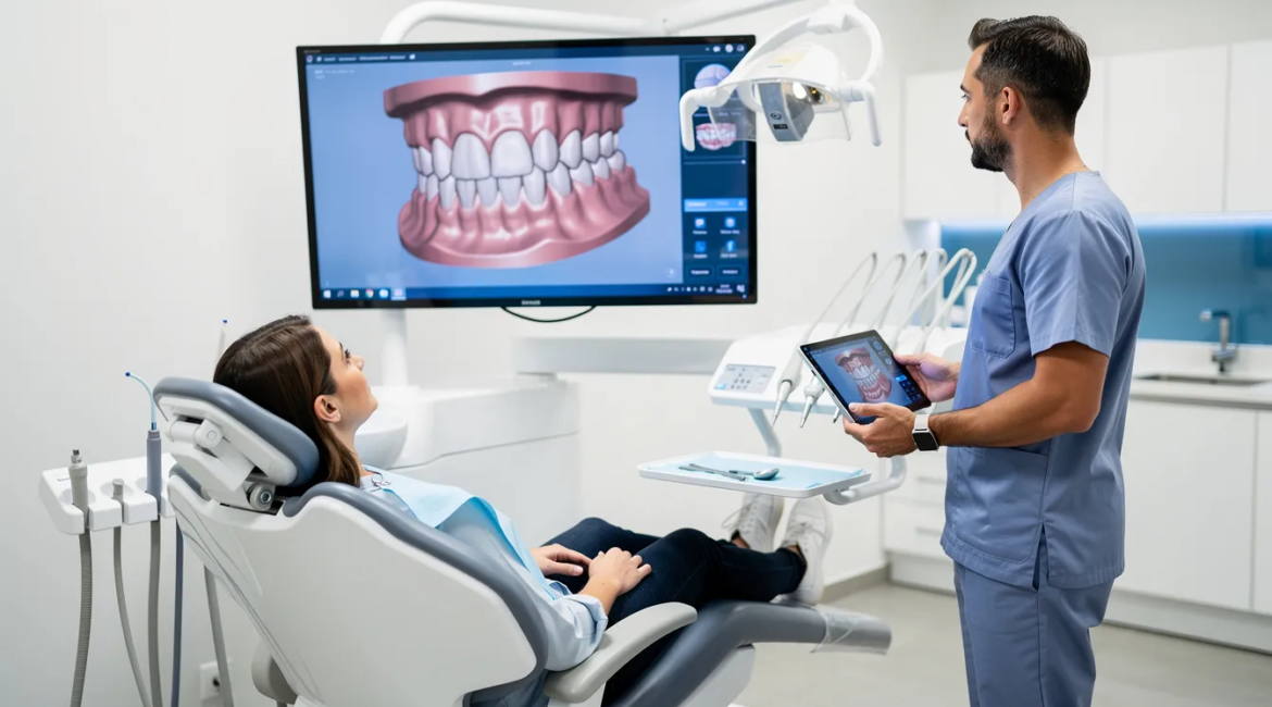 A patient is comfortably seated in a modern dental chair during a digital dental visit, surrounded by advanced technology for creating same day crowns. The atmosphere is calm, emphasizing patient comfort while the dentist prepares to restore damaged or decayed teeth using CEREC technology for a precise fit and long-lasting results.