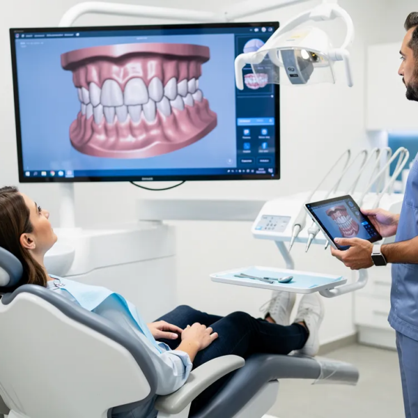 A patient is comfortably seated in a modern dental chair during a digital dental visit, surrounded by advanced technology for creating same day crowns. The atmosphere is calm, emphasizing patient comfort while the dentist prepares to restore damaged or decayed teeth using CEREC technology for a precise fit and long-lasting results.