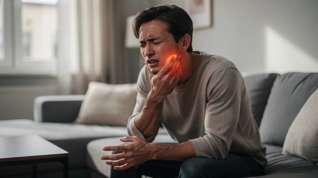 A person is sitting on a couch, holding their jaw with a distressed expression, indicating they are experiencing severe tooth pain. This scene highlights the importance of seeking emergency dental care for urgent dental problems, as it may be a true dental emergency requiring immediate attention.