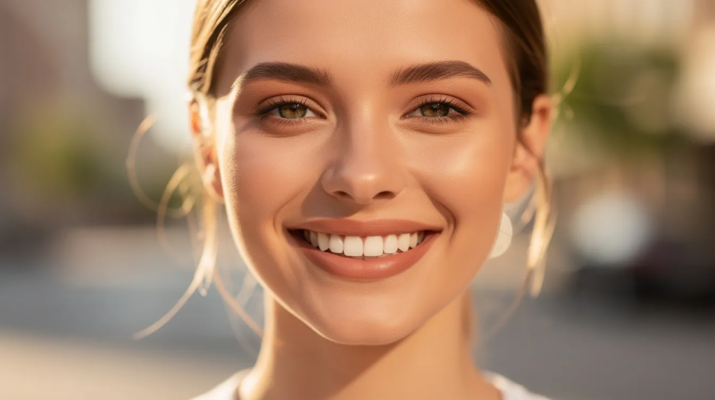 A person is smiling confidently in bright sunlight, showcasing a full set of healthy-looking teeth, which highlights the importance of good oral health and the benefits of dental implant treatment for replacing missing teeth. This image reflects the positive outcomes of successful dental procedures, such as dental implants, that can enhance one’s smile and overall dental health.